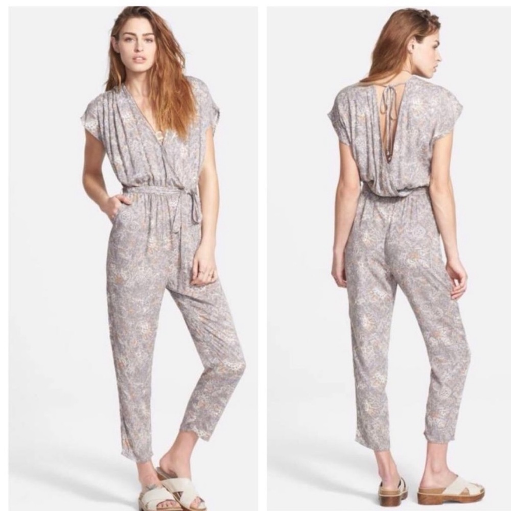 Free People Universal Surplice Jumpsuit Taupe Combo Size XS Gray Orange Print.